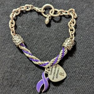 Silver Tone Purple Enamel Lupus Awareness Heart Ribbon Charm Statement Bracelet